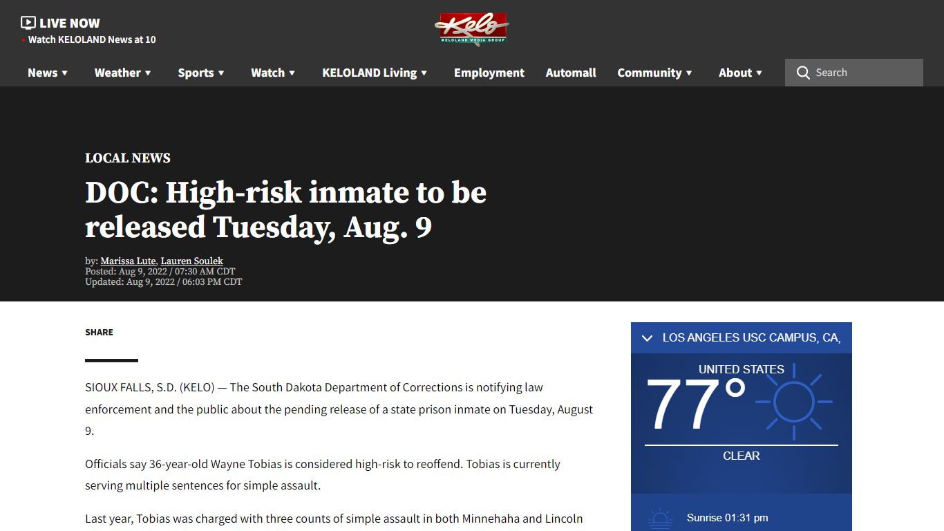 DOC: High-risk inmate to be released Tuesday, Aug. 9